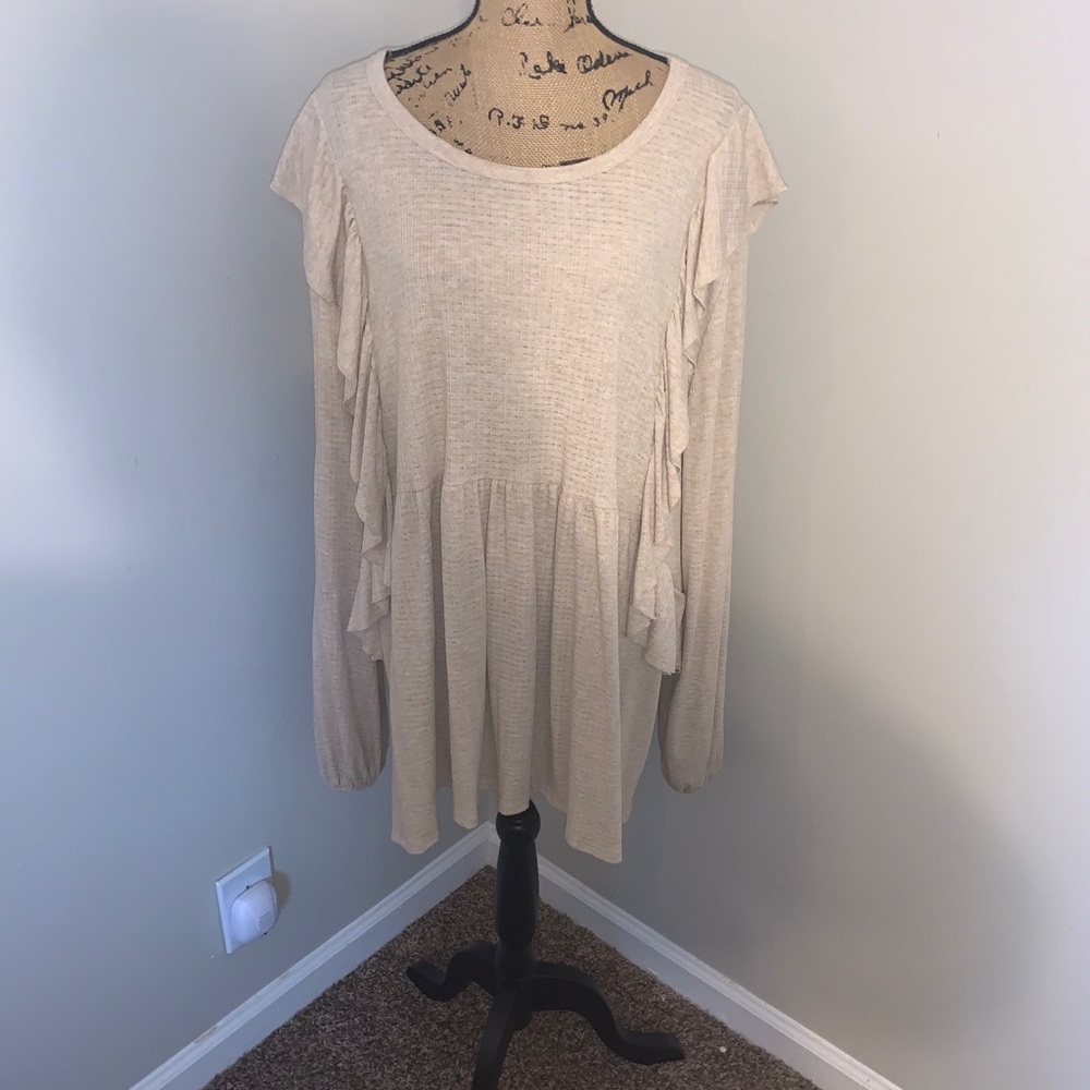 NWT A Beautiful Soul Oatmeal Ruffle Front Top